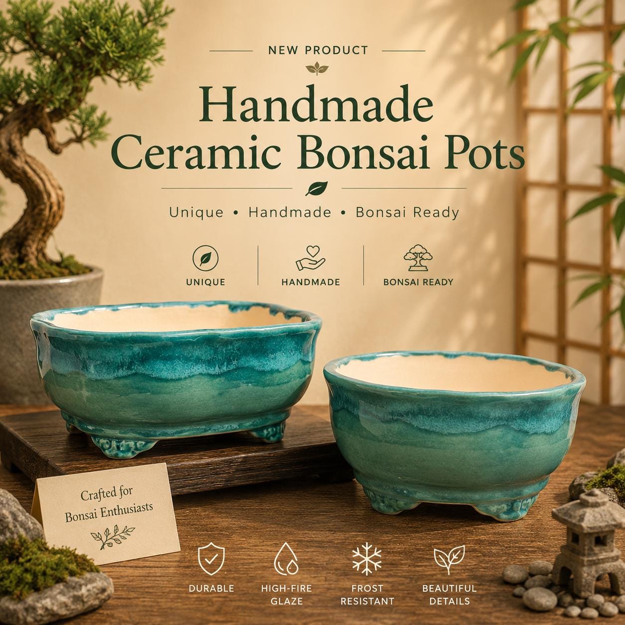 Handmade Ceramic Bonsai Pot Gift Teal Glaze Planter Oval Small
