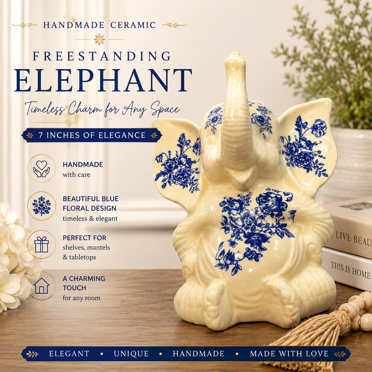 Ceramic Elephant Figurine Blue Floral Elephant Gift