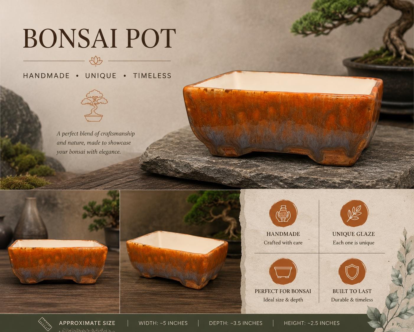 Small Orange Smoky Gray Ceramic Bonsai Pot: Handmade Square Footed Succulent Planter