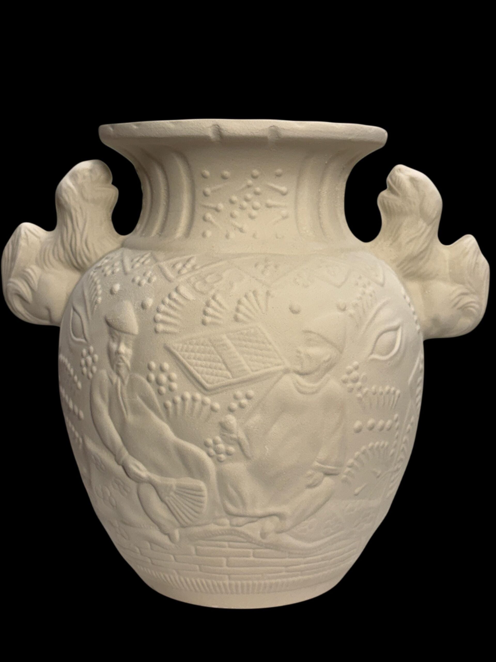 Asian Dragon Vase, Vintage Bisque Ceramic with Embossed Design and Handles