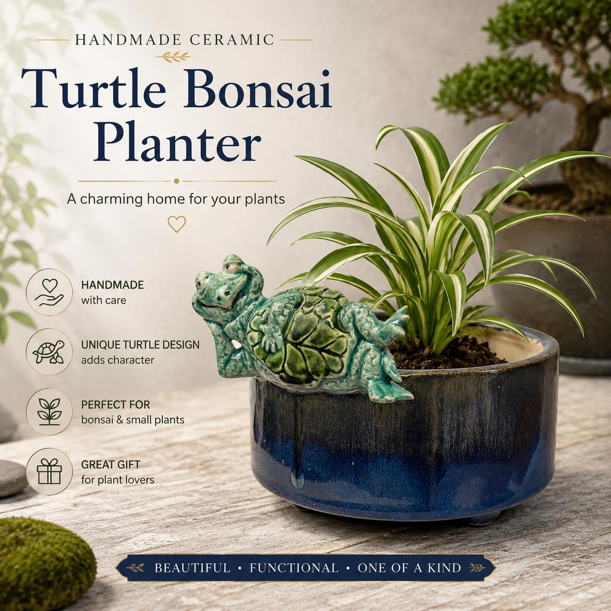 Small Ocean Blue Ceramic Turtle Bonsai Planter: Handmade Succulent Bowl with Drainage Hole