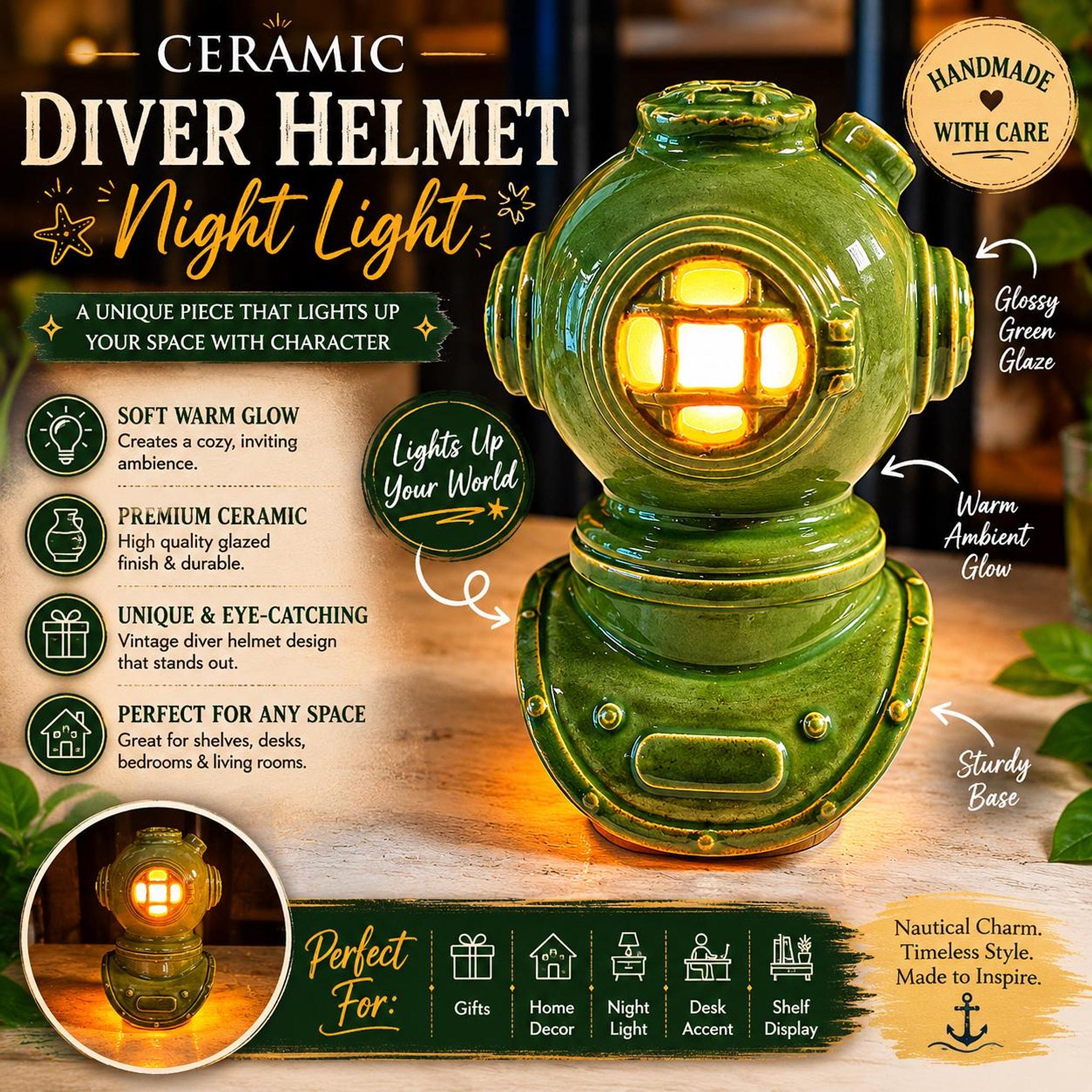 Ceramic Night Light, Handmade Diver Helmet Lamp with Glossy Green Glaze