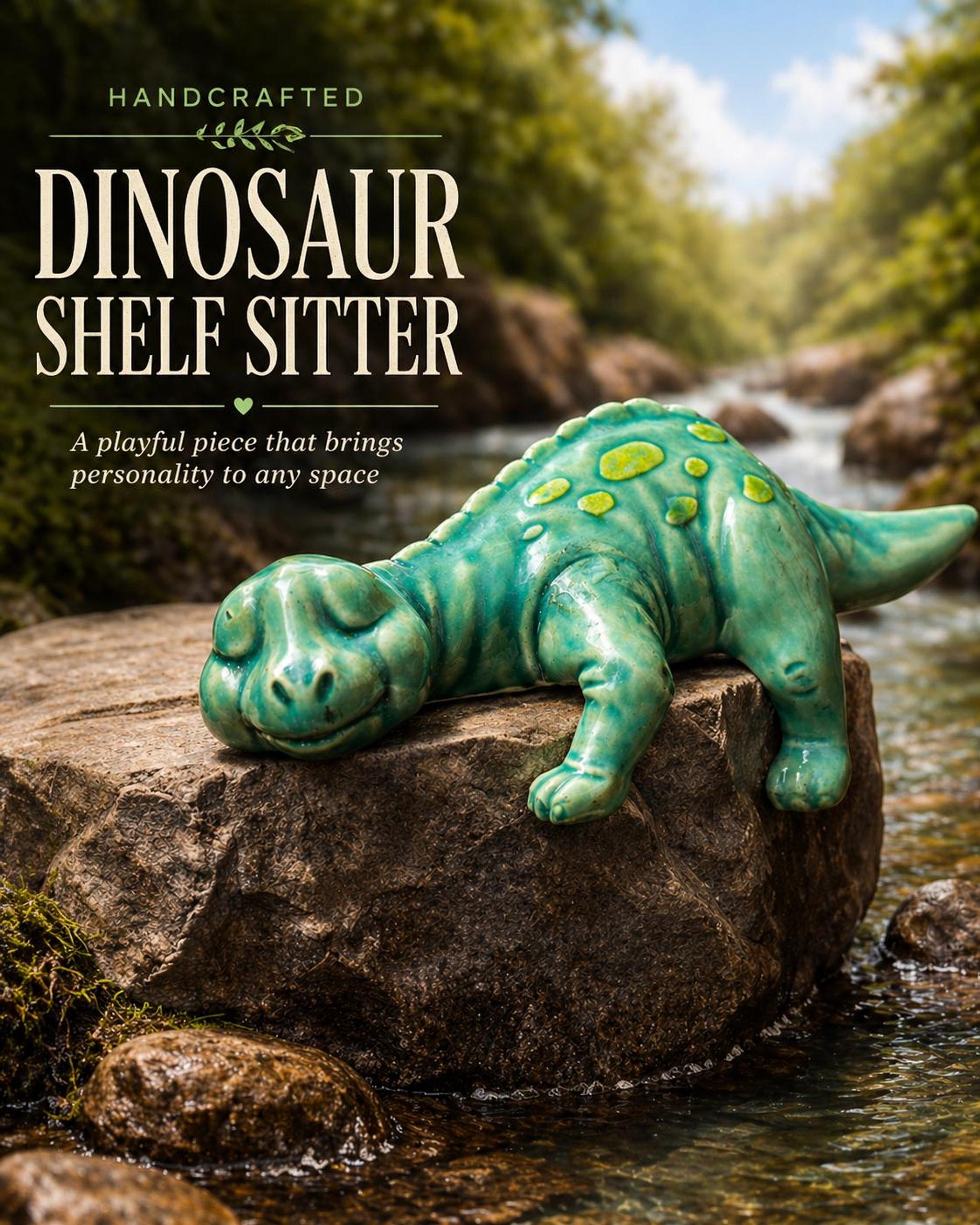 Ceramic Dinosaur Shelf Sitter, Turquoise Glazed Earthenware Decor