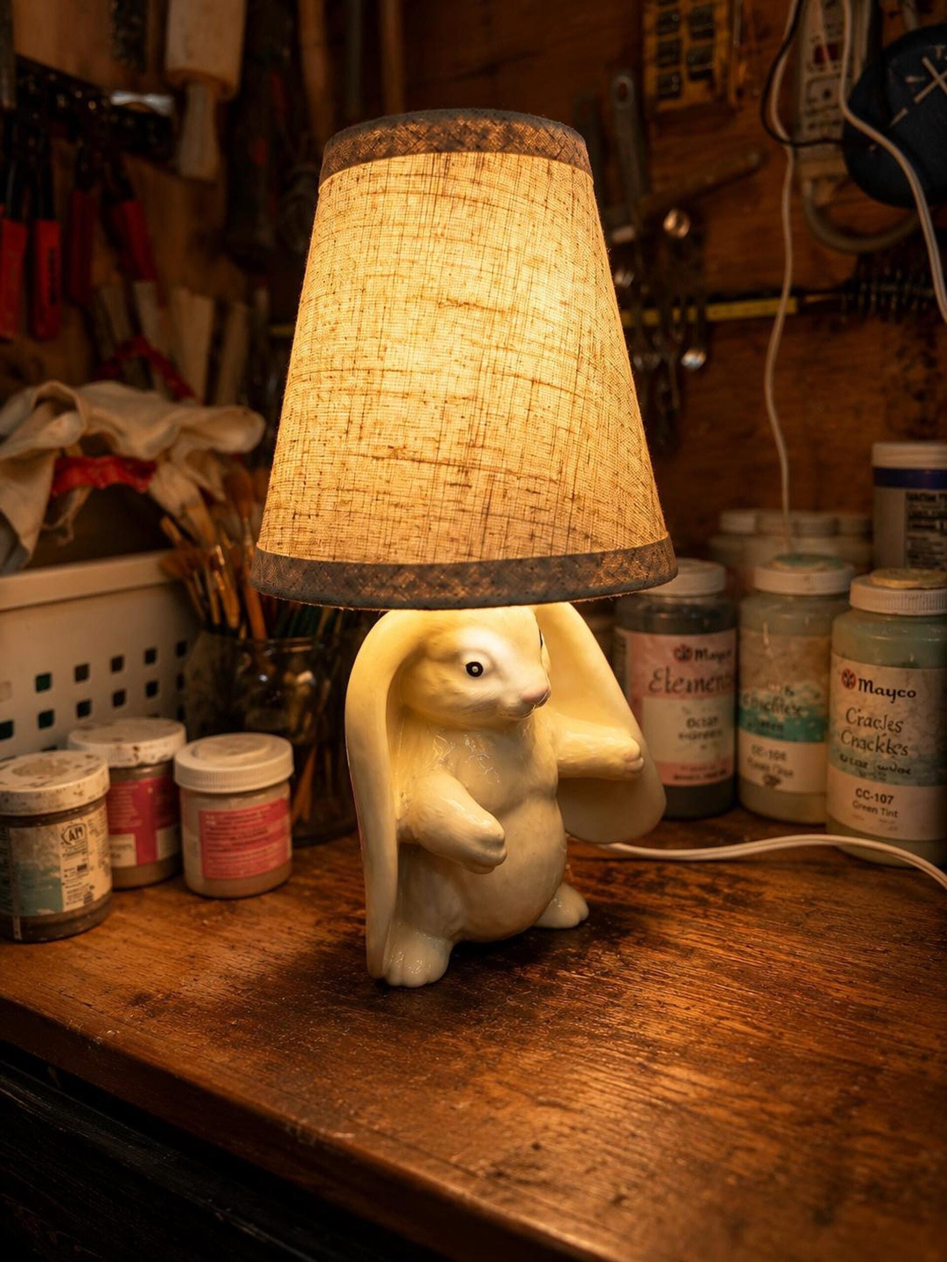 Rabbit Lamp, Hand-Glazed Ceramic Table with Fabric Shade, 11.5-Inch