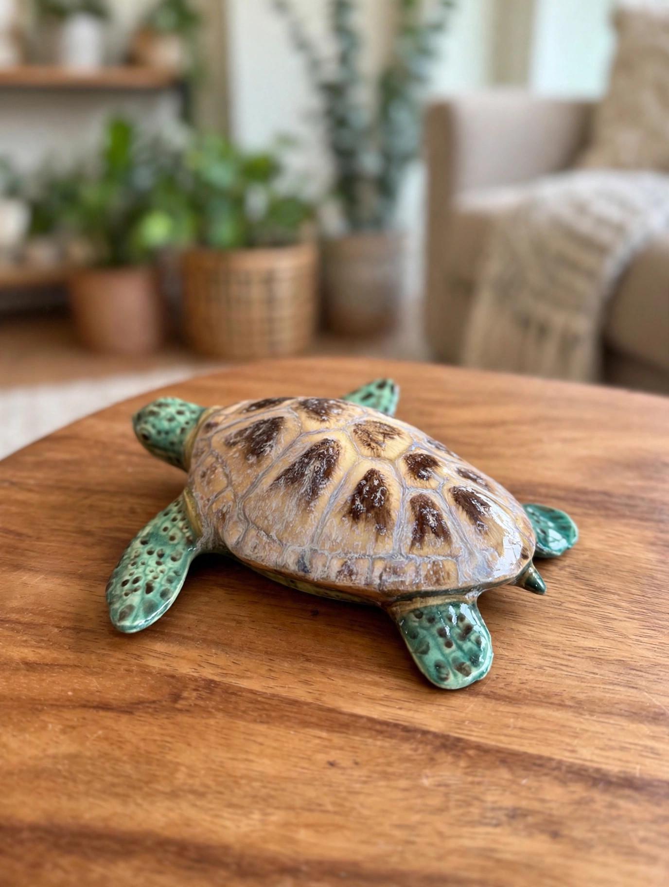 Ceramic Sea Turtle Figurine, Hand Glazed Coastal Decor, Ocean Beach House Turtle Statue, Green Brown Sea Life Decor