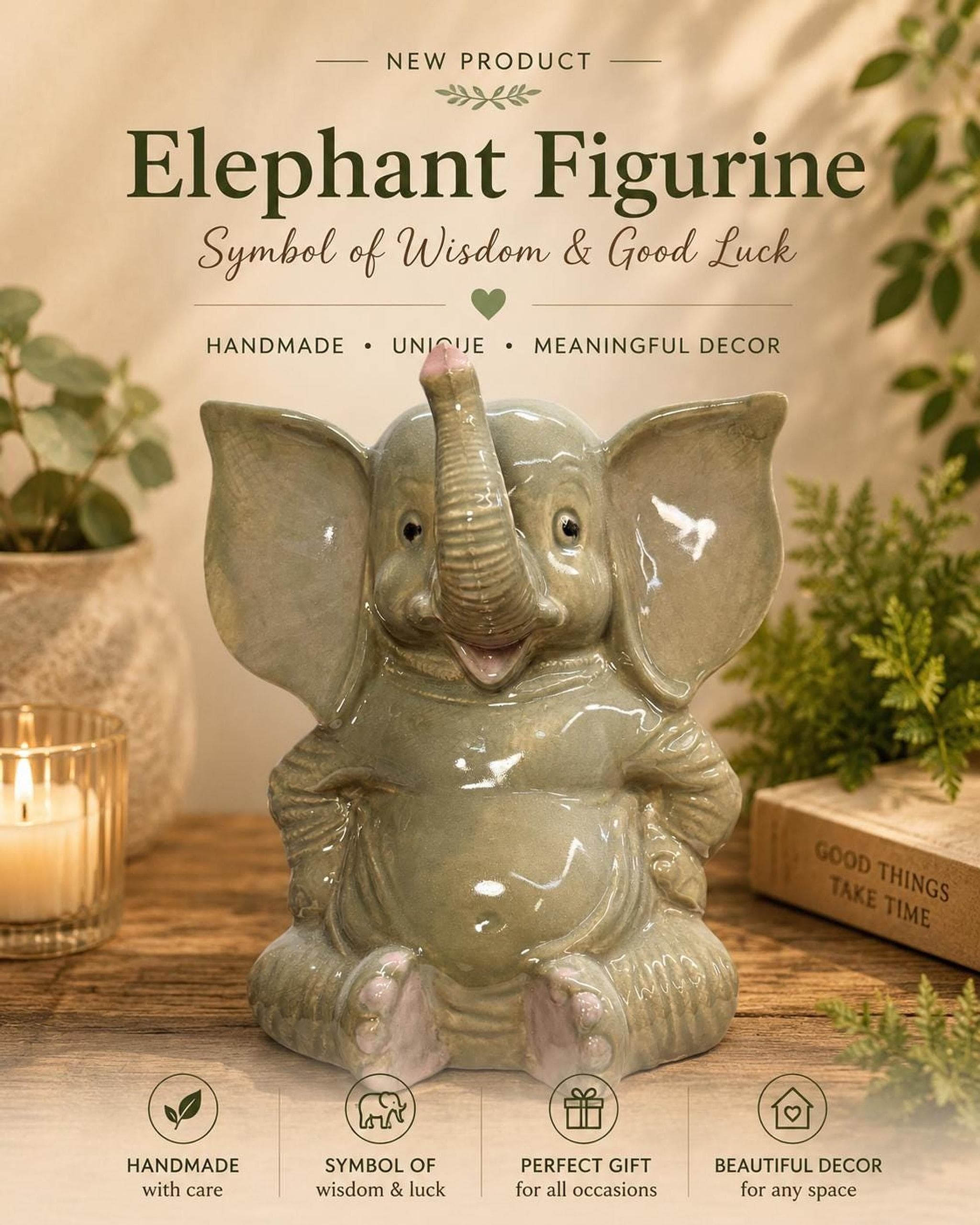 Ceramic Elephant Figurine, Shelf Sitting Decor for Home Accents