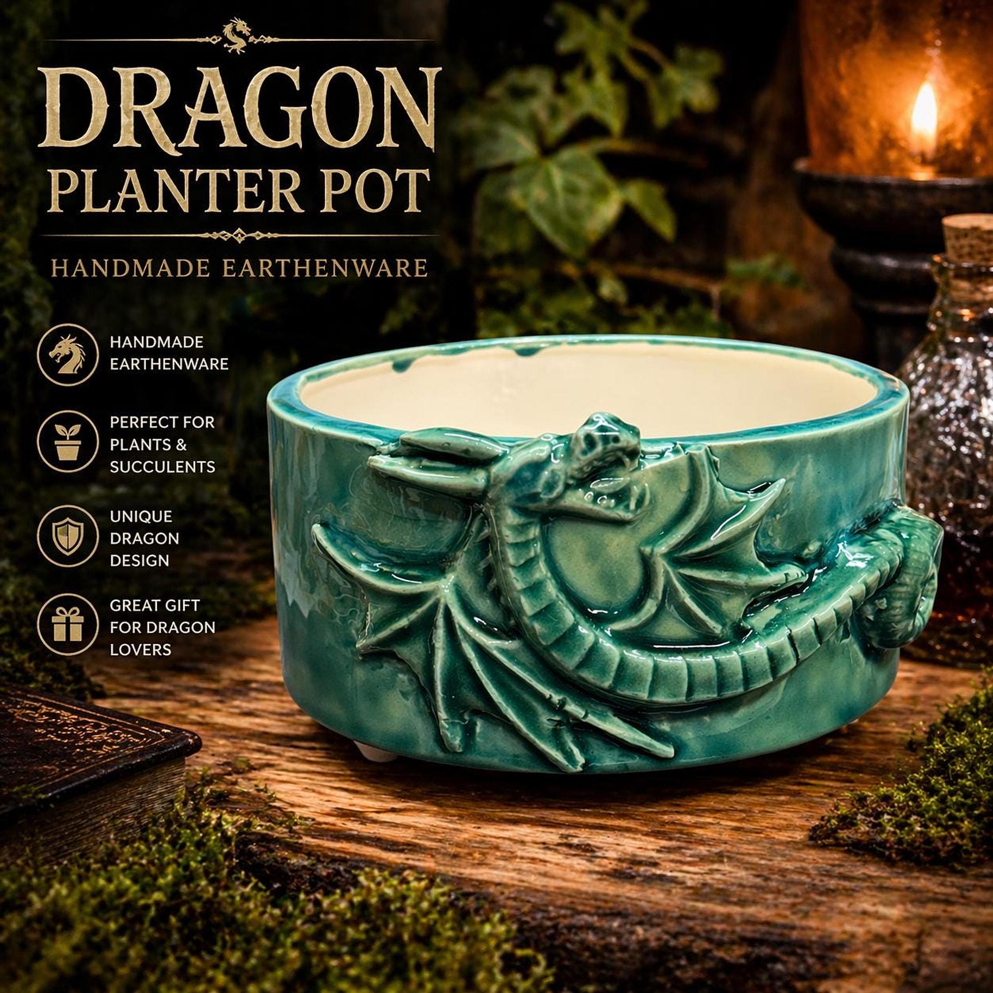 Green Ceramic Dragon Planter, Glossy Emerald Glaze, Succulent Holder