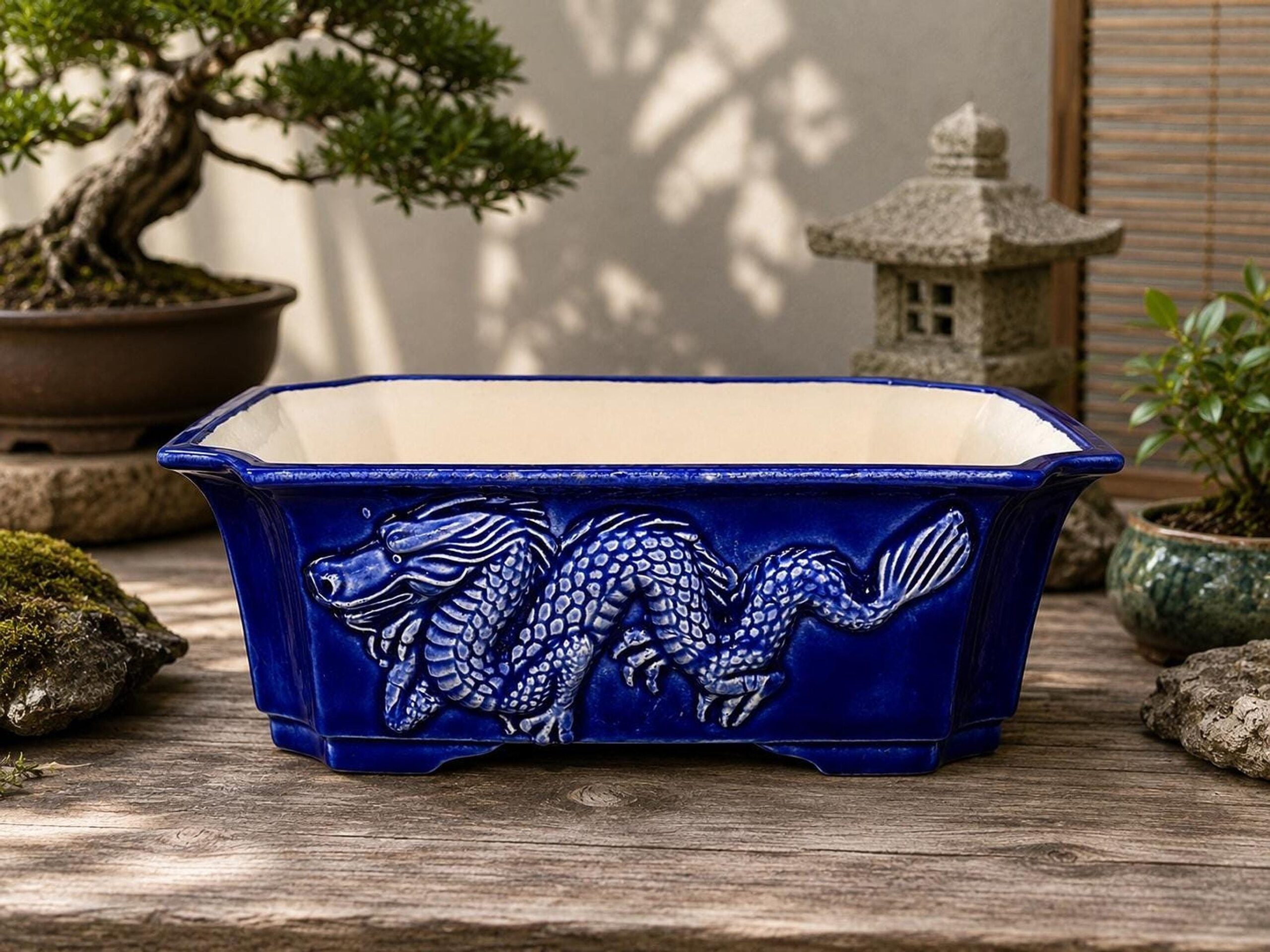 Dragon Bonsai Pot, Handmade Blue Ceramic Planter with Relief