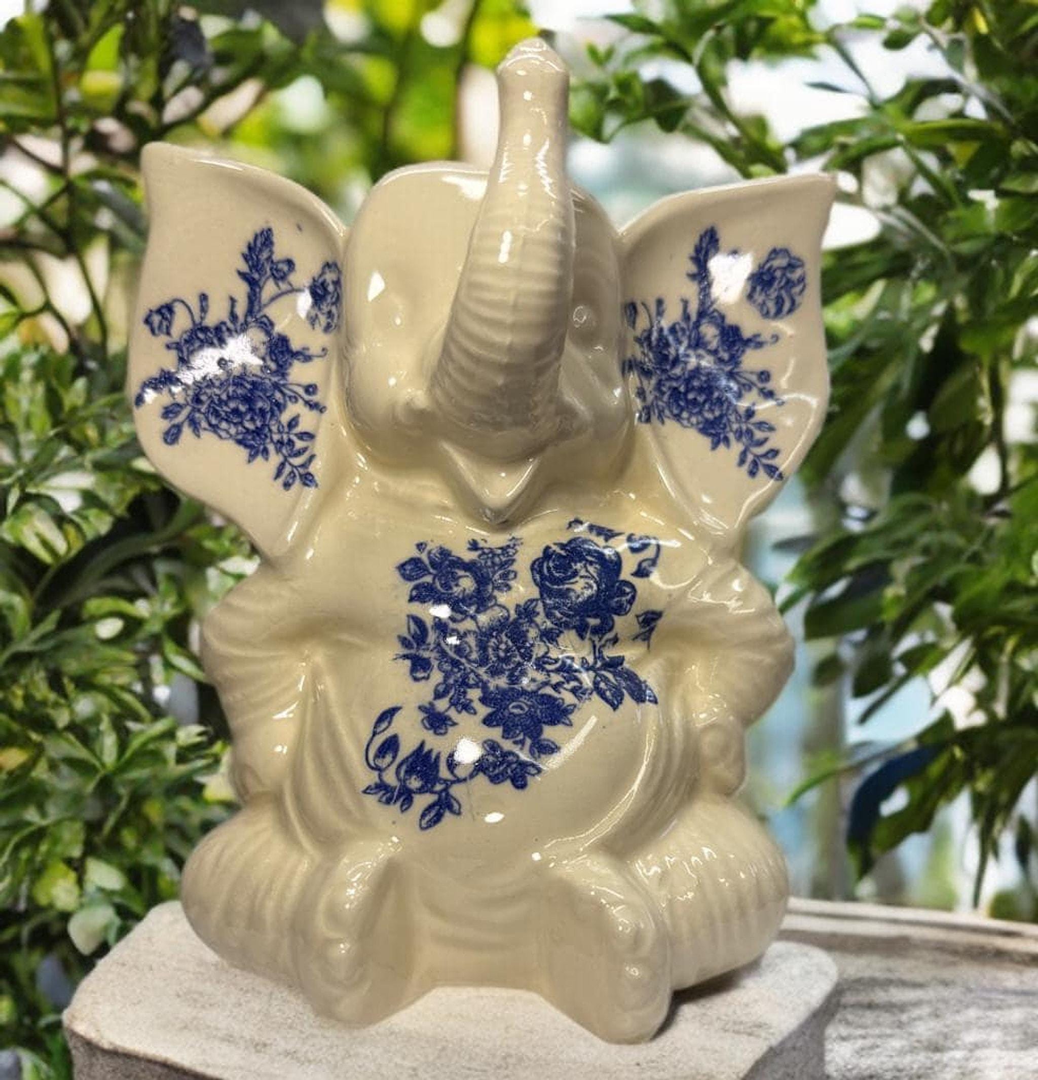 Pottery Lover Gift, Cream Ceramic Elephant Figurine with Blue Floral Details, 7-Inch Display