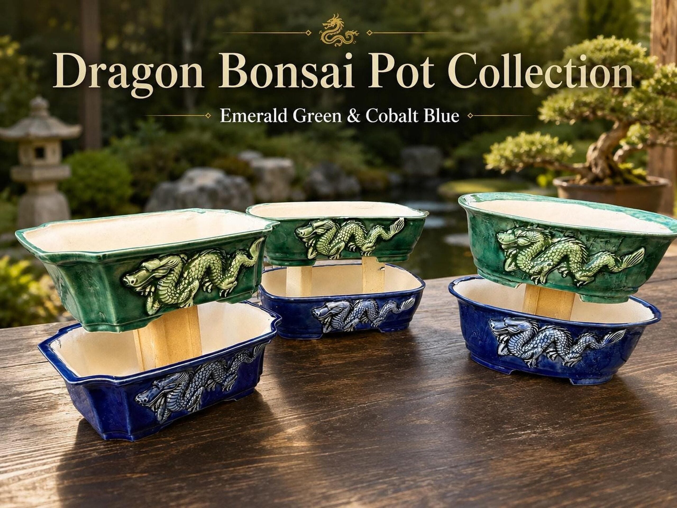 Ceramic Plant Pot, Dragon Design With Emerald Green Or Cobalt Blue Glaze