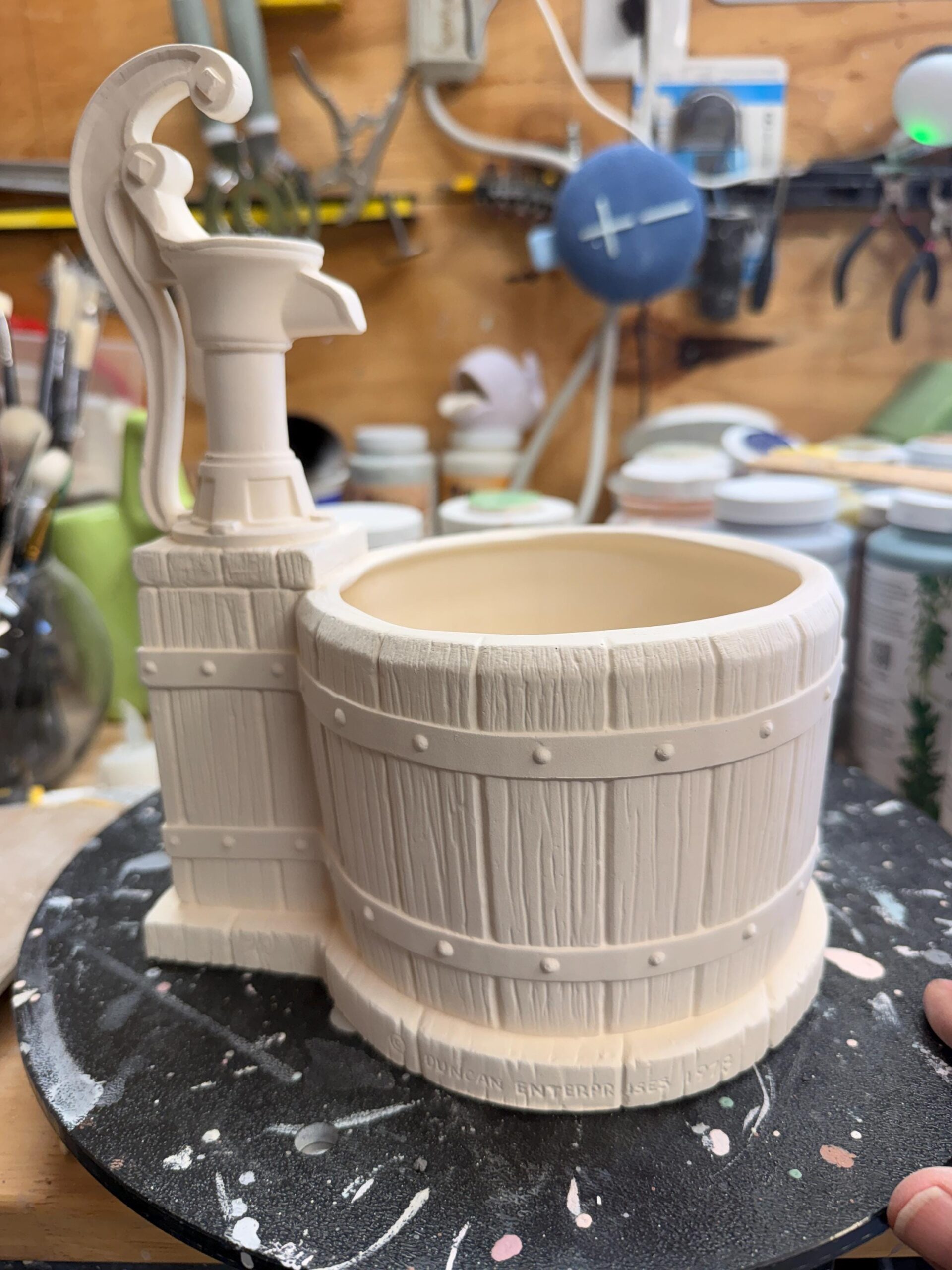 Ceramic Bisque Water Pump Planter, Ready-To-Paint Barrel Design