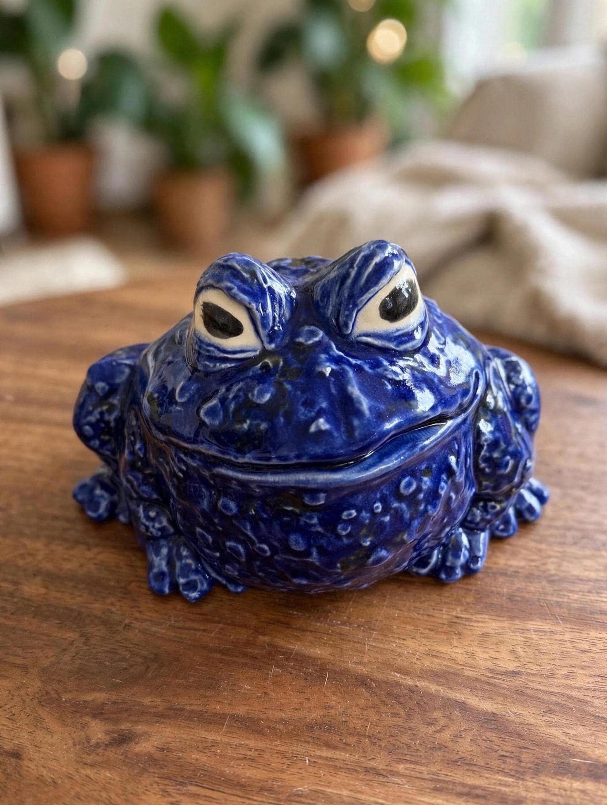 Blue Ceramic Frog Figurine, Glossy Textured Glaze With Mottled Details