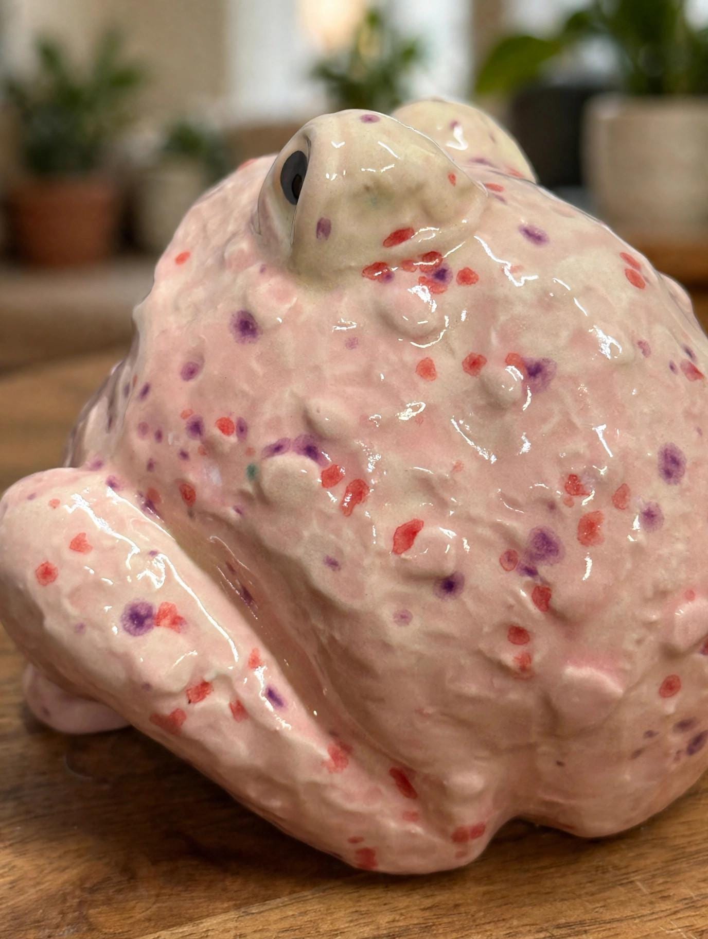 Handmade Berry Tart Ceramic Frog – Pink Speckled Glazed Toad Figurine, Nature Home Decor Gift